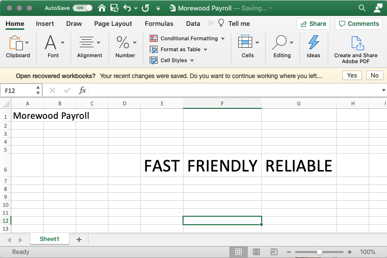 Spreadsheet screenshot with Fast Friendly Reliable 